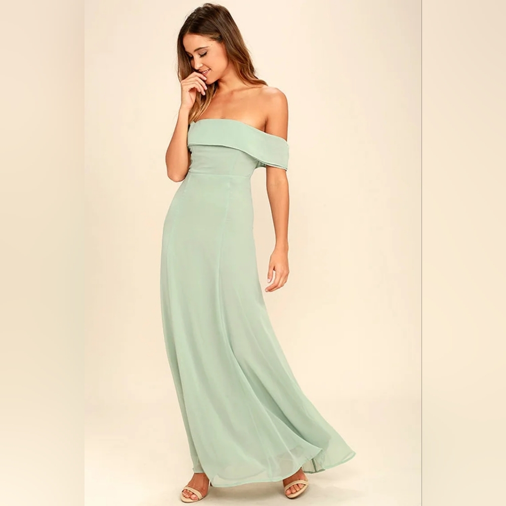 Perfectly Poised Sage Green Off-the-Shoulder Maxi Dress